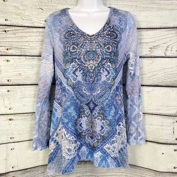 OneWorld Women’s Blue Boho Print Long Sleeve Tunic Top Size Large - Picture 1 of 8